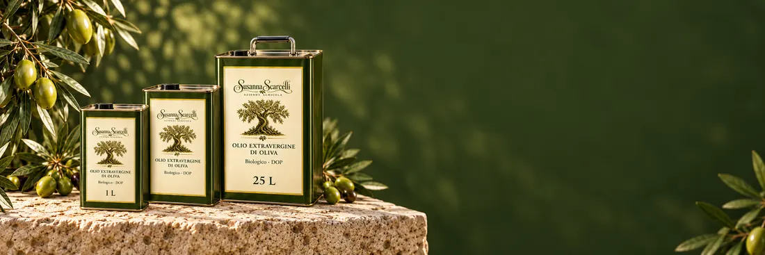 Lattine di olio Susanna Scarcelli su una pietra, tra i rami di olivo