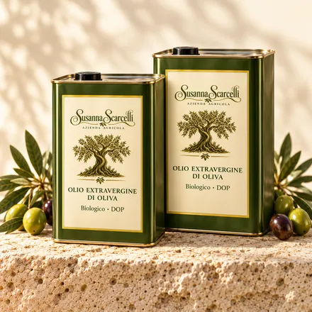 Due lattine di olio extravergine di oliva Susanna Scarcelli in formati diversi