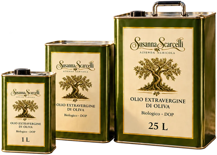 Tre lattine di olio extravergine di oliva Susanna Scarcelli, da 1 a 25 litri